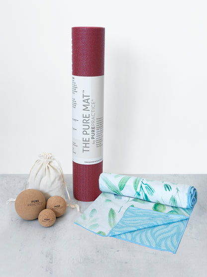 Yoga kit containing yoga mat, hot yoga towel and trigger ball set